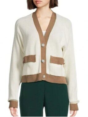 NWT Laundry By Shelli Segal Cream and Tan Embellished Buttons Cardigan